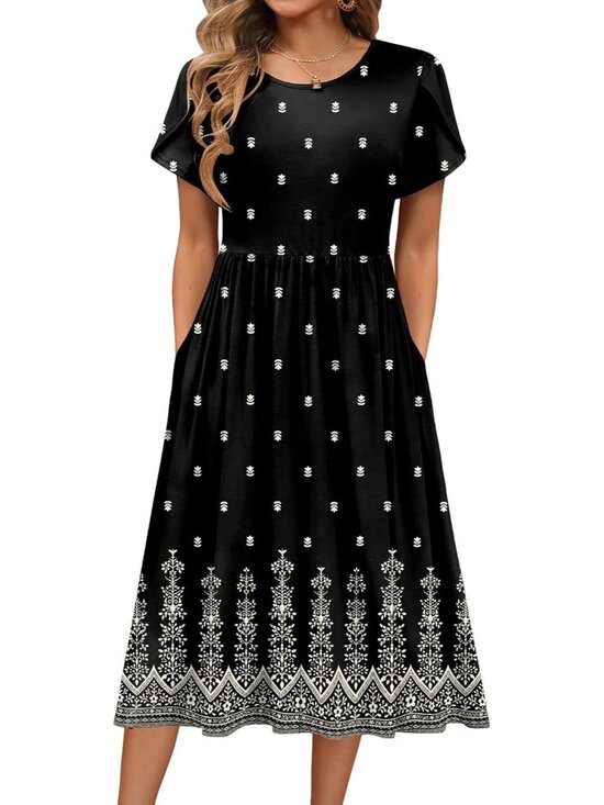 Dresses & Skirts - 〽️Women's Black Floral Short Sleeve Midi Dress A Line Summer Dress with Pockets